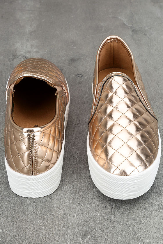 Stylish Rose Gold Sneakers - Flatform Sneakers - Quilted Metallic ...