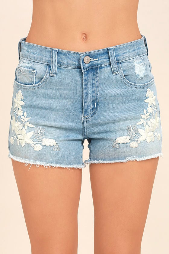 Cute Light Wash Shorts - Embroidered Shorts - Distressed Shorts - $54.00