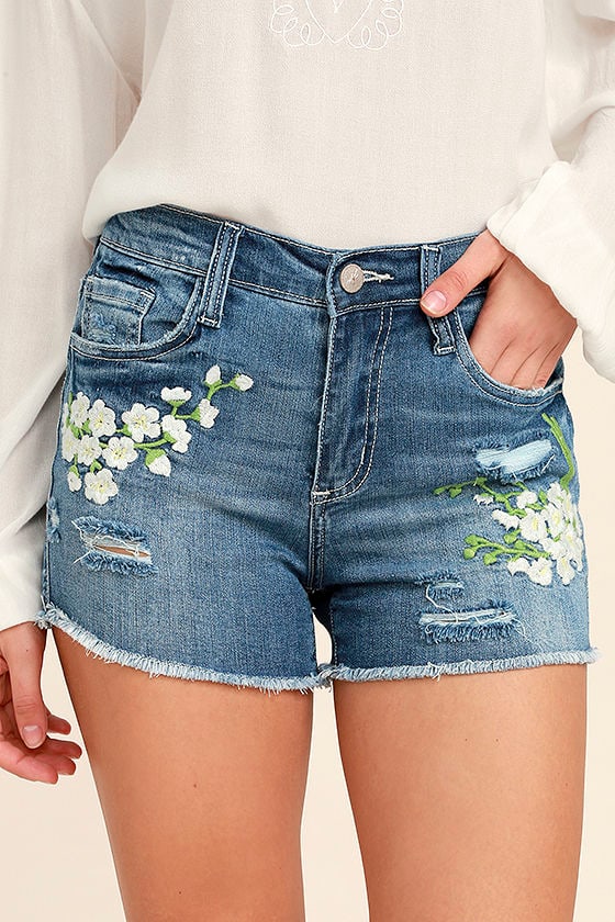Cool Medium Wash Denim Shorts - Embroidered Shorts - Distressed Shorts ...