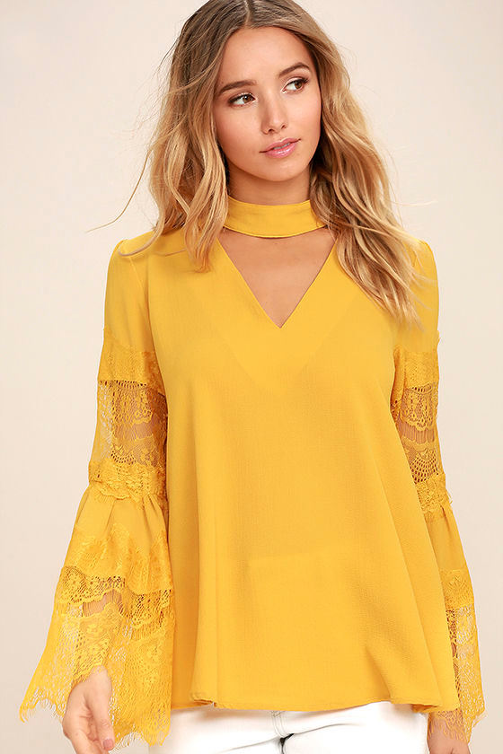 Step and Repeat Golden Yellow Lace Long Sleeve Top 1
