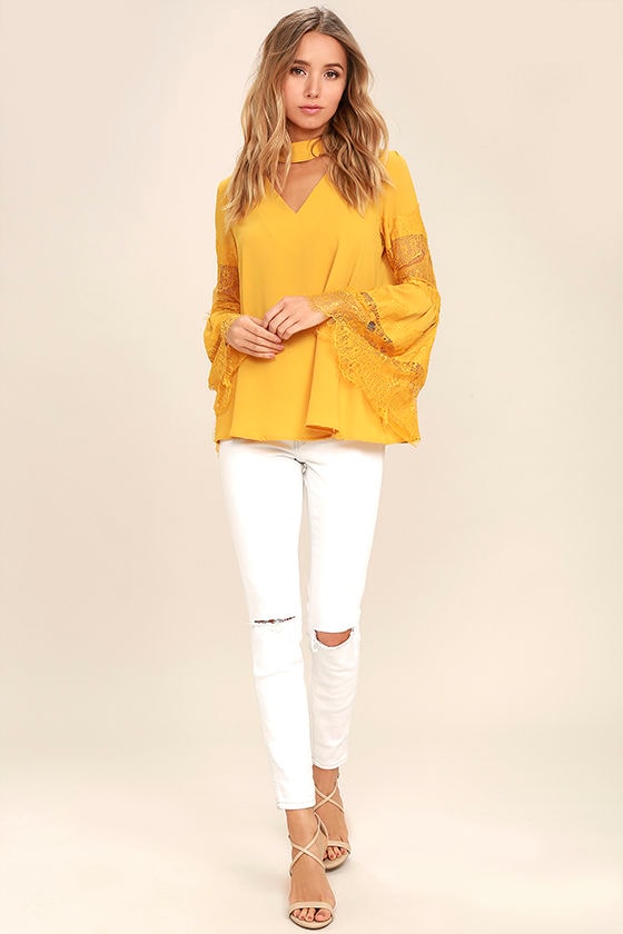 Cute Golden Yellow Lace Top - Long Sleeve Top - Bell Sleeve