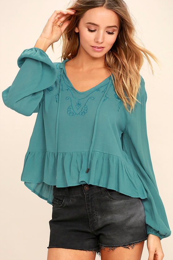 Boho Turquoise Blue Top - Long Sleeve Top - Embroidered Top - $38.00 ...