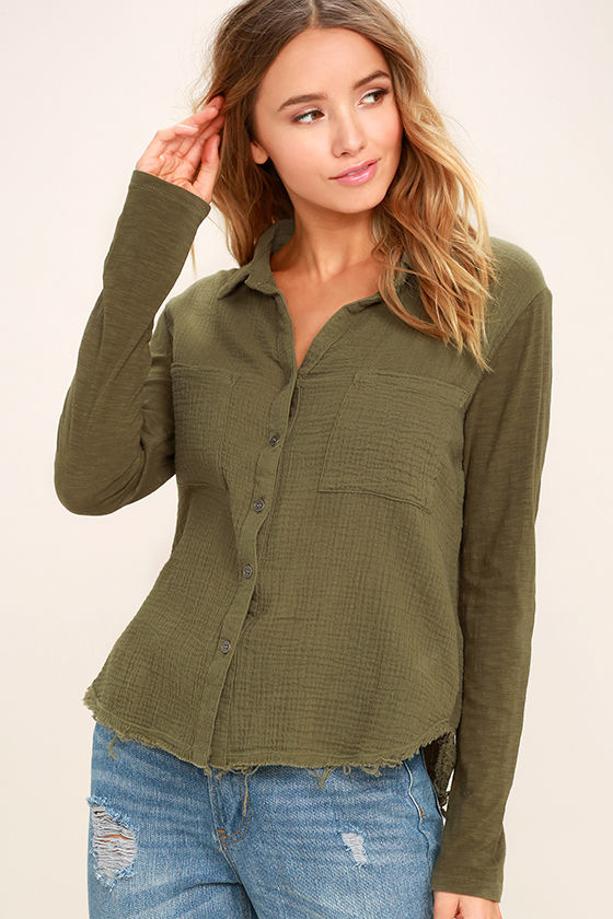 Chic Olive Green Top - Button-Up Top - Raw Hem Top - $44.00 - Lulus