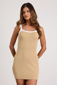 Effortless Influence Tan Ribbed Color Block Mini Sweater Dress 2