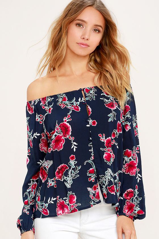 In Your Hands Navy Blue Floral Print Off-the-Shoulder Top