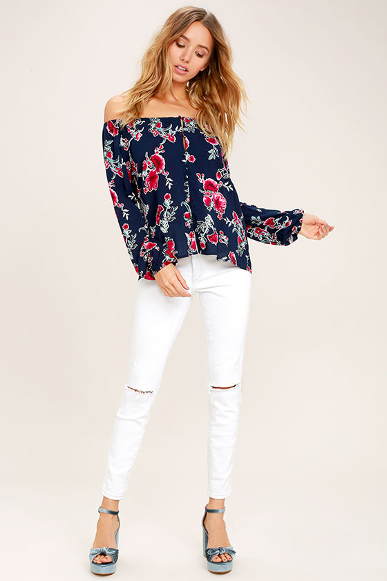 In Your Hands Navy Blue Floral Print Off-the-Shoulder Top