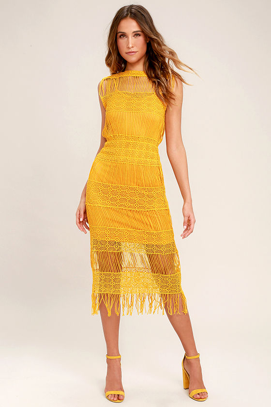 Fun Mustard Yellow Dress Crocheted Lace Dress Midi Dress 83.00