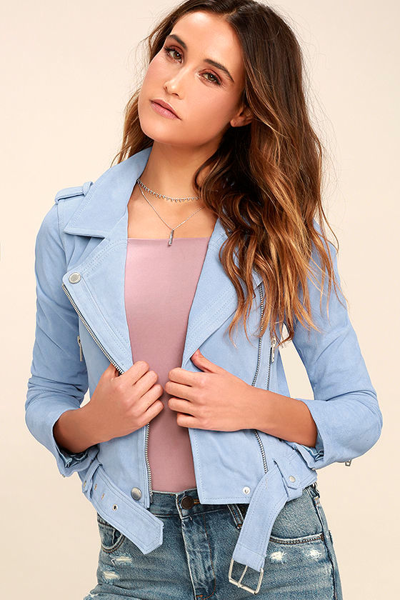 Blank NYC Backhanded Periwinkle Blue Suede Leather Moto Jacket