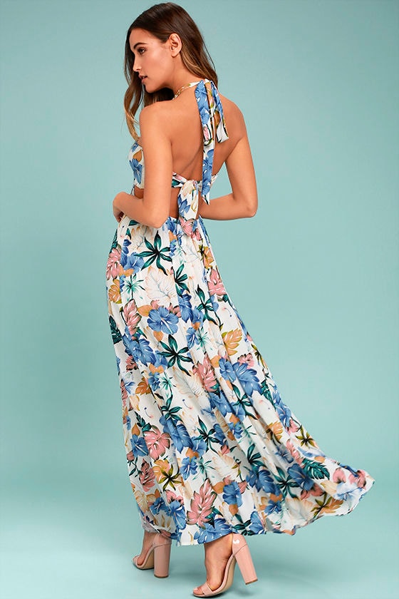 My Island Ivory Floral Print Halter Maxi Dress 2