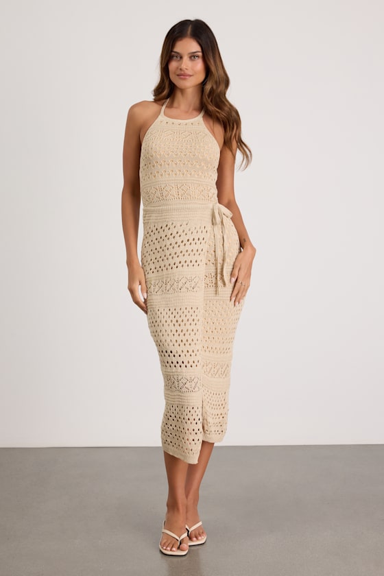 Beige Crochet Knit Dress - Halter Midi Dress - Faux-Wrap Dress - Lulus