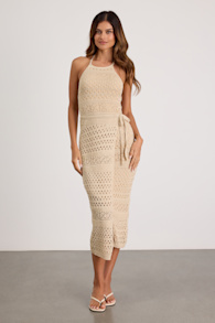 Blissful Strolls Beige Crochet Faux-Wrap Halter Midi Dress 2