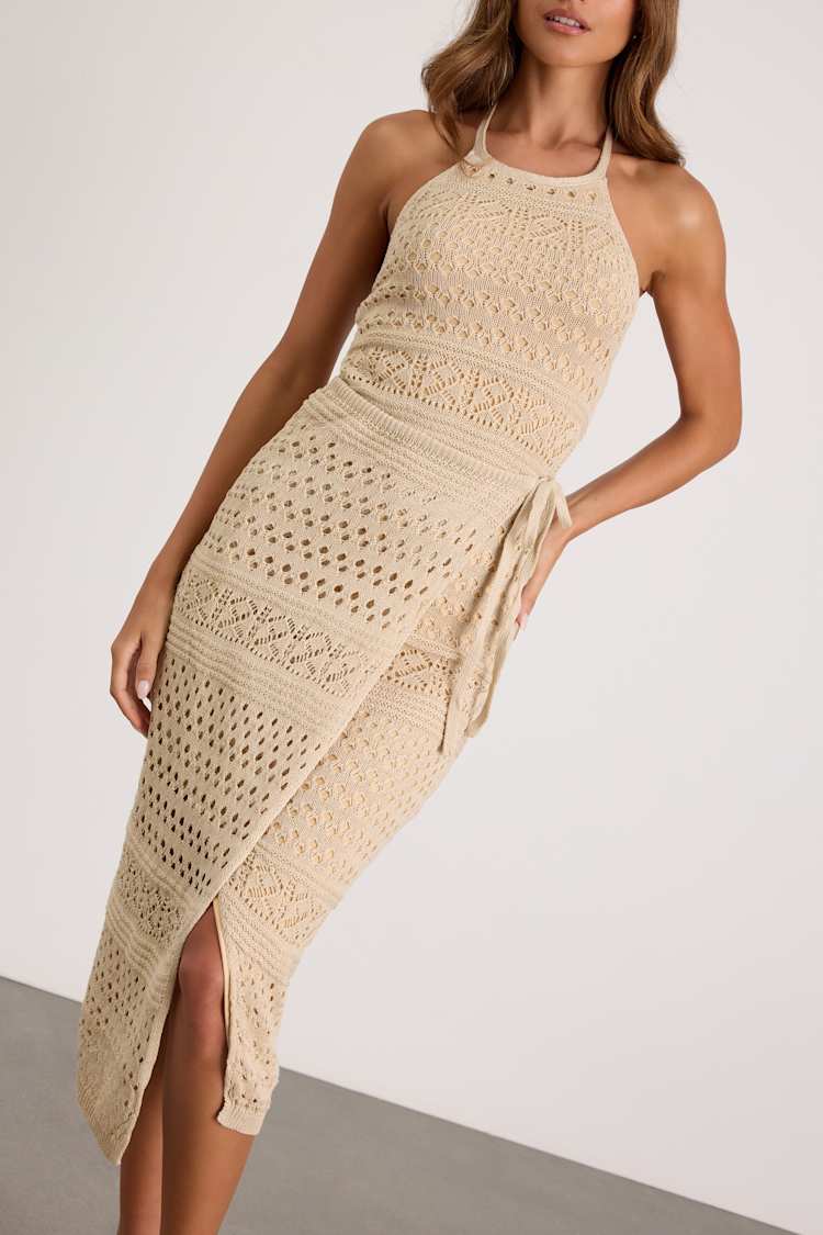 Beige Crochet Faux-Wrap Halter Midi Dress | Womens | Small (Available in XS, L, XL) | 100% Polyester | Lulus