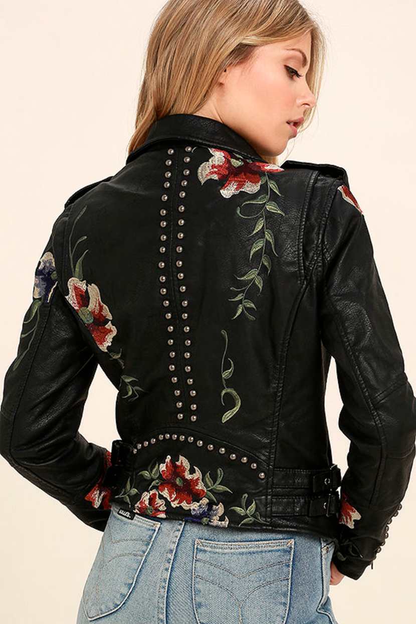 Blank NYC Black Embroidered Vegan Leather Moto Jacket