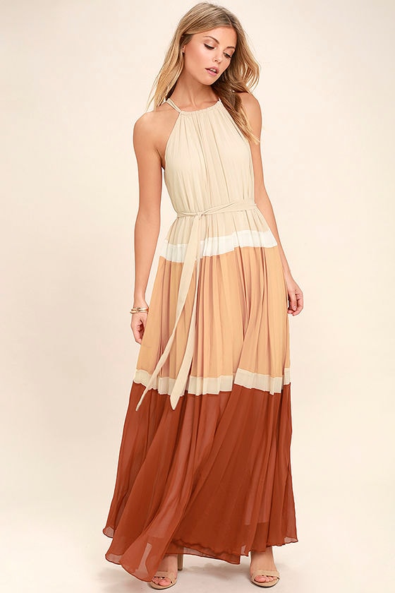 Lovely Beige Dress - Maxi Dress - Color Block Dress - Halter Dress ...