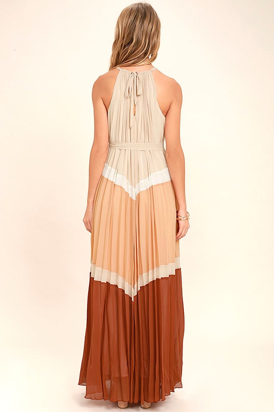 Lovely Beige Dress - Maxi Dress - Color Block Dress - Halter Dress - $74.00