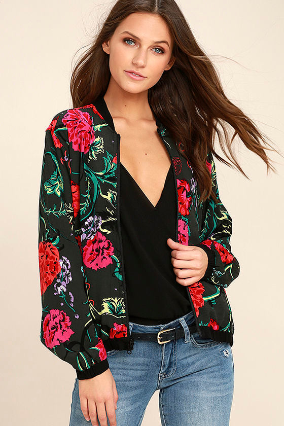 Obey Jinx Jacket - Black Floral Print Jacket - Reversible Bomber Jacket ...