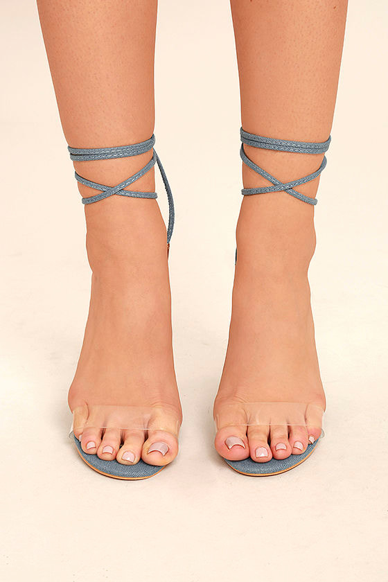 Chic Denim Heels - Denim Lucite Heels - Lace-Up Heels - Leg-Wrap Heels ...