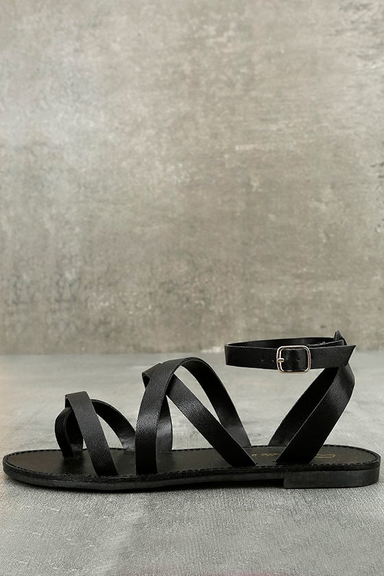 black ankle strap flat sandals