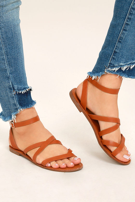 Cute Tan Flat Sandals - Thong Sandals - Ankle Strap Sandals - $17.00