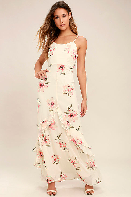 Lovely Cream Maxi Dress - Floral Print Maxi Dress - Ruffled Maxi Dress ...