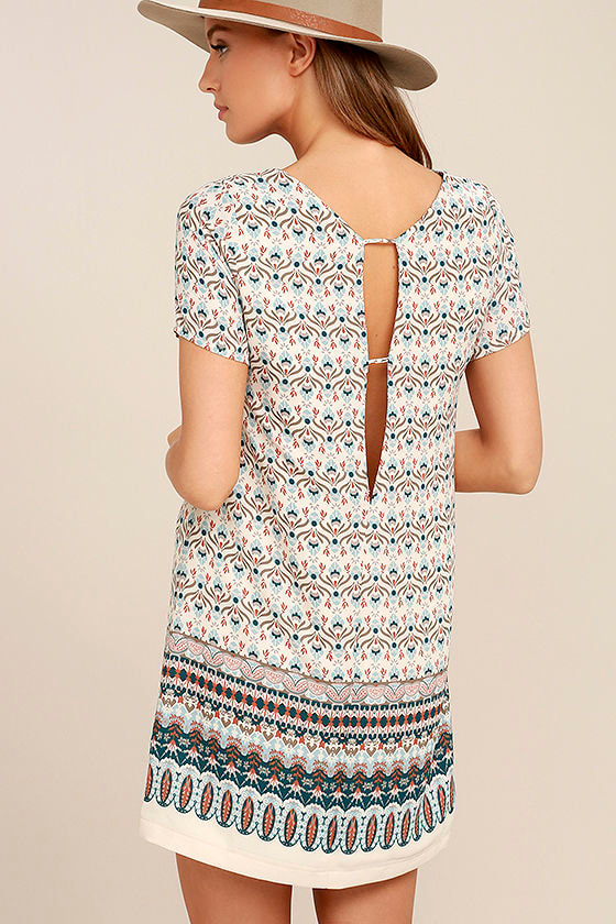 Lovely Beige Print Dress - Shift Dress - Short Sleeve Dress - $48.00 - Lulus