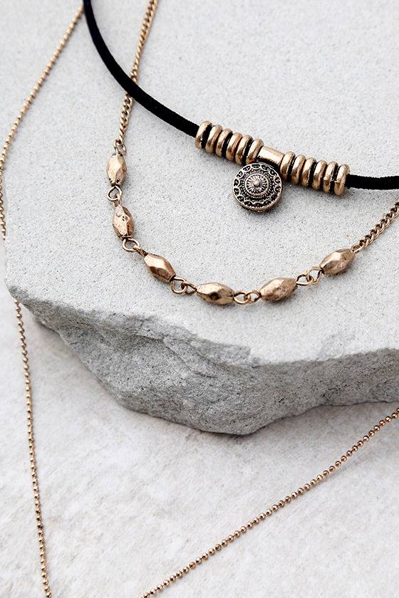 Boho Gold and Black Necklace - Layered Choker Necklace - $16.00