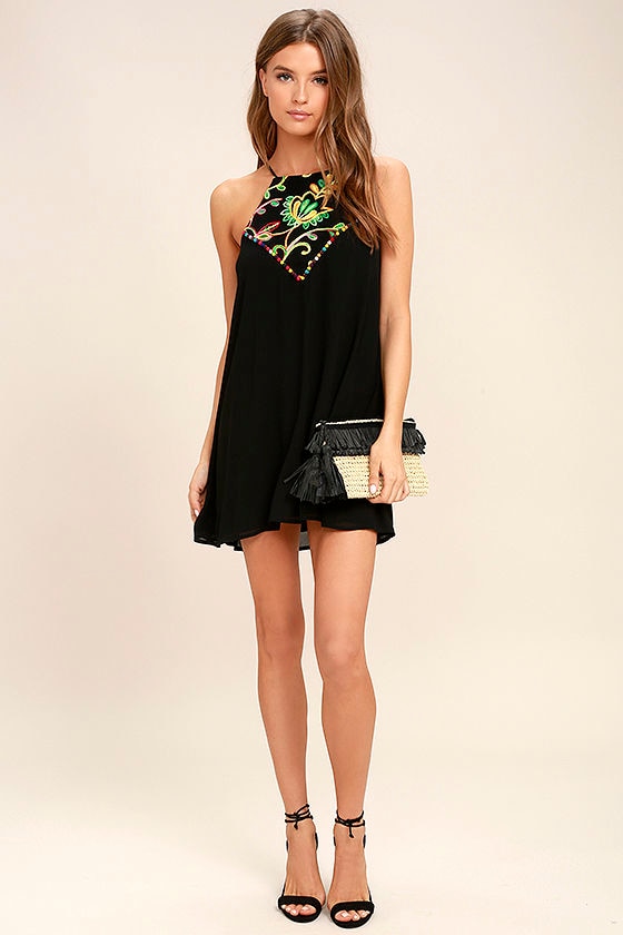 Cute Black Shift Dress - Embroidered Shift Dress - Black Pompom