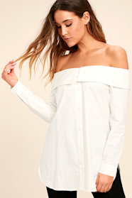 Chic White Top Long Sleeve Top Off the Shoulder Top Button Up OTS 
