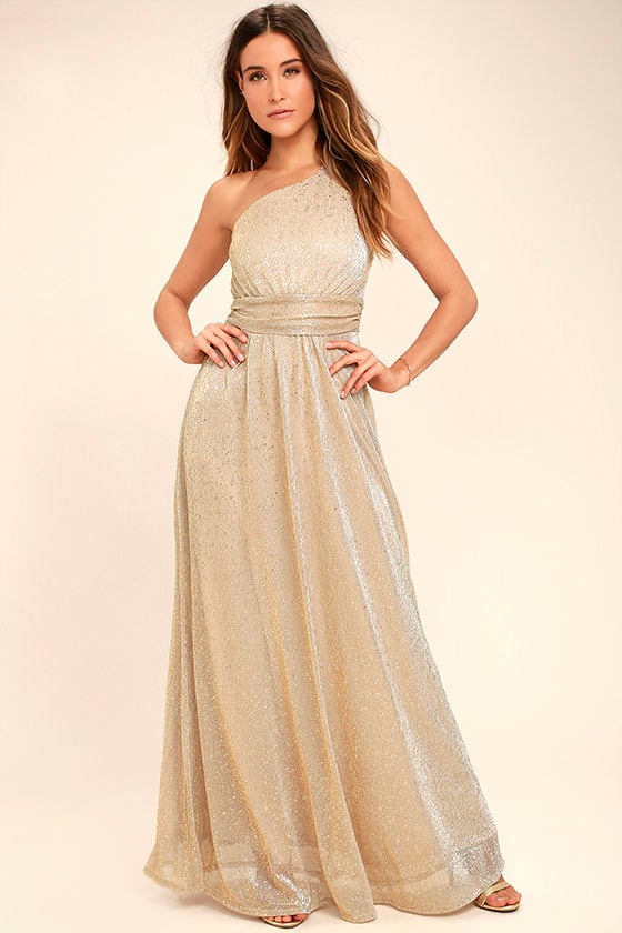 Luminous Grace Gold One-Shoulder Maxi Dress