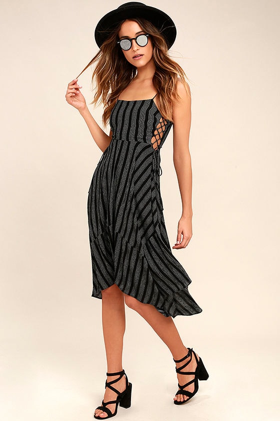 At Ease Black Striped Lace-Up Midi Dress