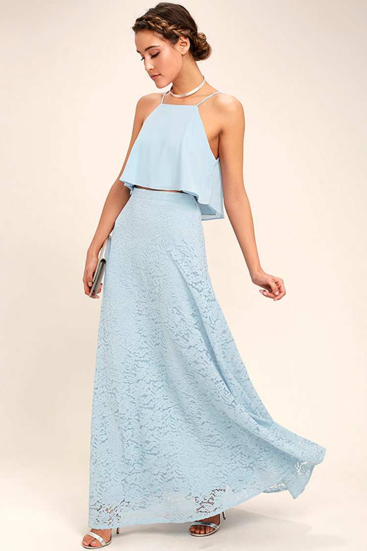 blue lace two piece dress La Femme Long Sleeve Two Piece Lace Dress with Open Back - White