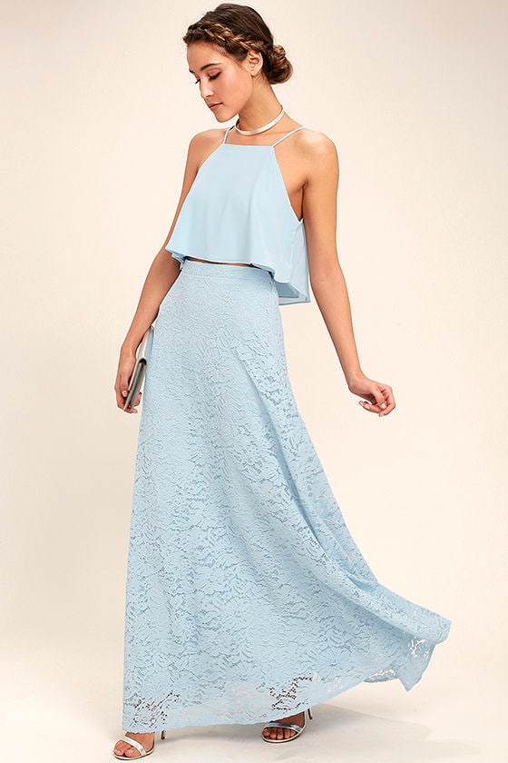 Love at First Sight Light Blue Lace Two-Piece Maxi Dress