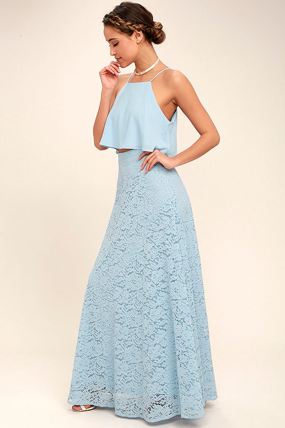 Love at First Sight Light Blue Lace Two-Piece Maxi Dress 2