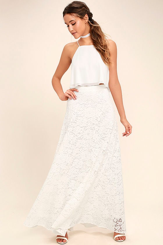 Stunning White Two-Piece Dress - Lace Two-Piece Dress - Two-Piece Maxi ...