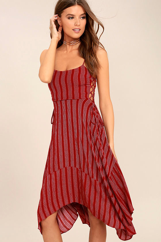 Cute Red Striped Dress Midi Dress LaceUp Dress Handkerchief