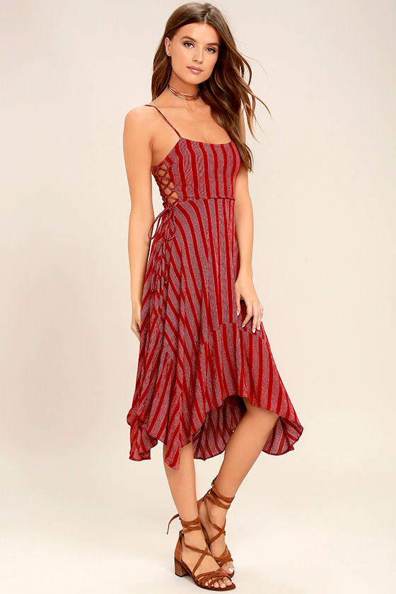 At Ease Red Striped Lace-Up Midi Dress 2