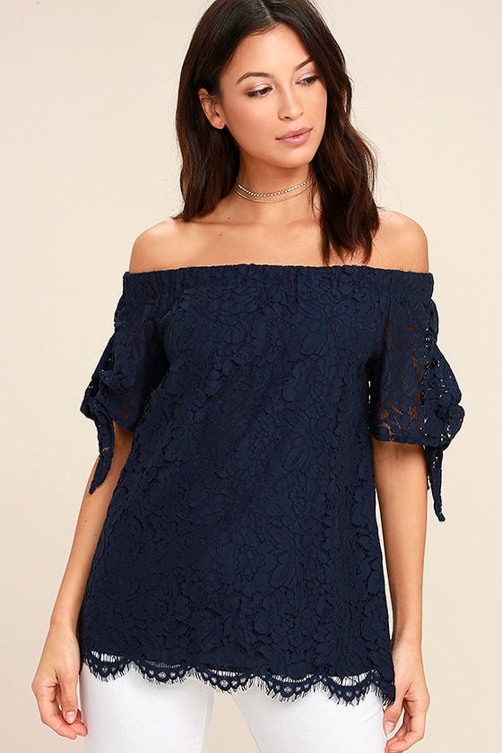 Ethereal View Navy Blue Lace Off-the-Shoulder Top