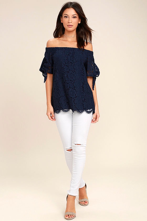 Lovely Navy Blue Top - Lace Top - Off-the-Shoulder Top - $42.00