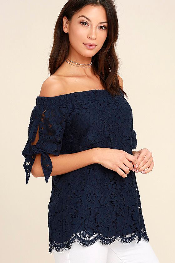 Lovely Navy Blue Top Lace Top OfftheShoulder Top 42.00