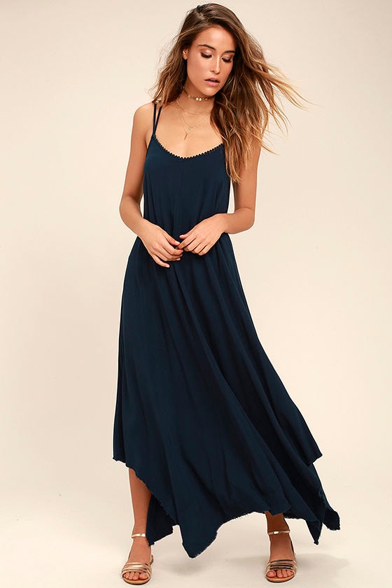 Others Follow Kiara Dress - Navy Blue Dress - Handkerchief Hem Dress ...