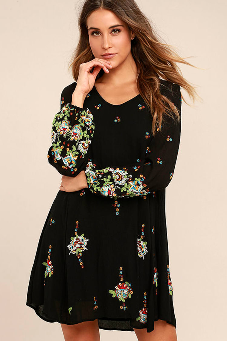 Free People Oxford - Black Dress - Embroidered Dress - Swing Dress - Lulus
