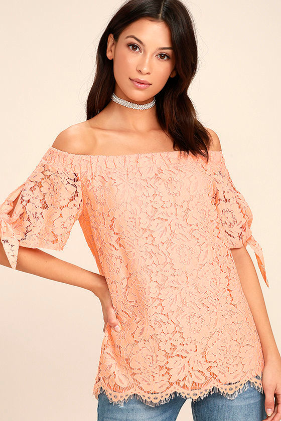 Ethereal View Peach Lace Off-the-Shoulder Top