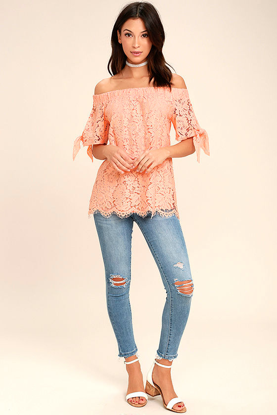 Ethereal View Peach Lace Off-the-Shoulder Top