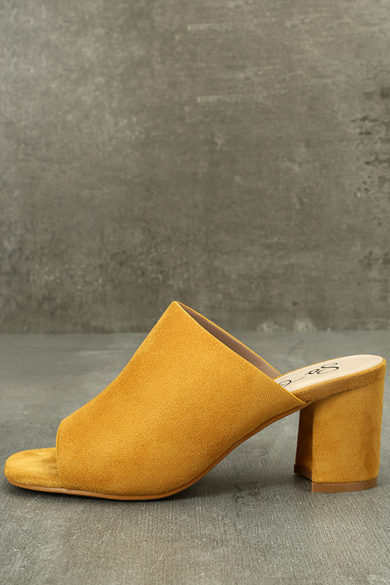 Cecily Mustard Suede Peep-Toe Mules