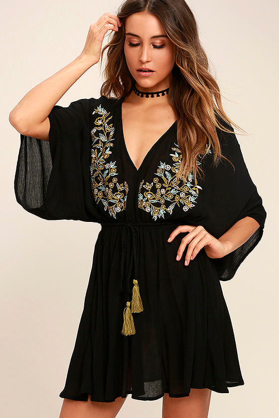 Black Boho Dress - Black Embroidered Dress - Drawstring Dress - $58.00 ...