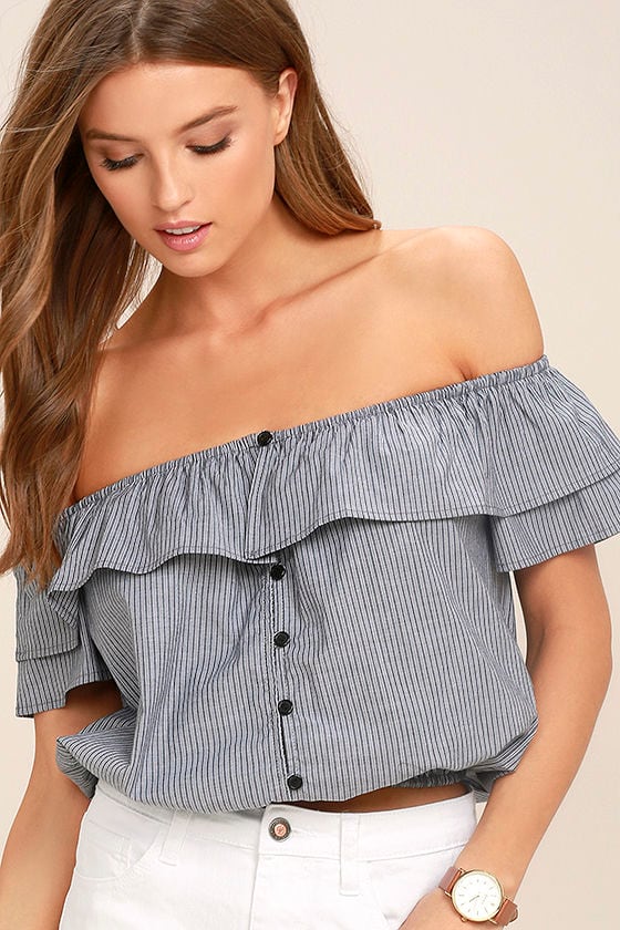 Flirty Grey Striped Top - Off-the-Shoulder Crop Top - Striped Crop Top ...