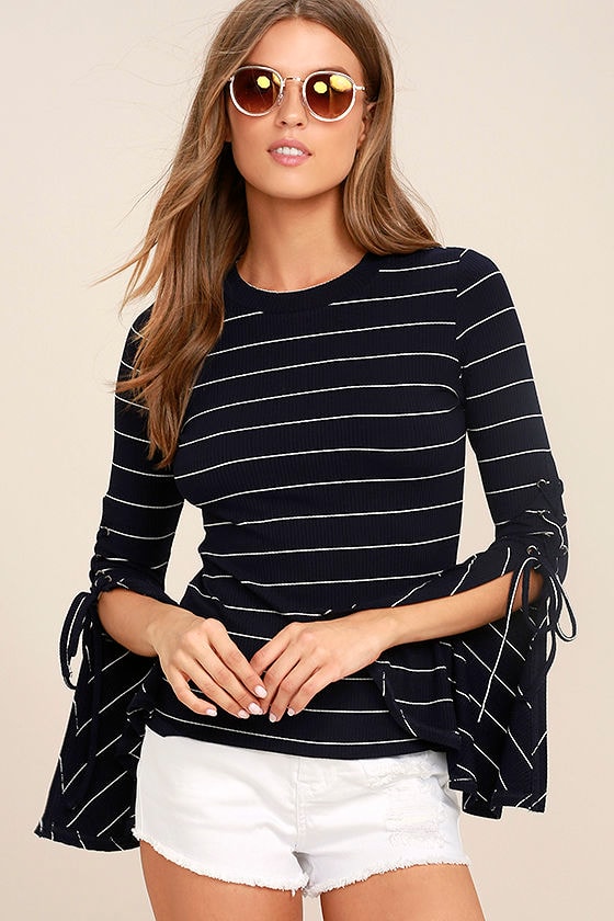 Classic Navy Blue Top - Striped Top - Lace-Up Top - Long Sleeve Top ...