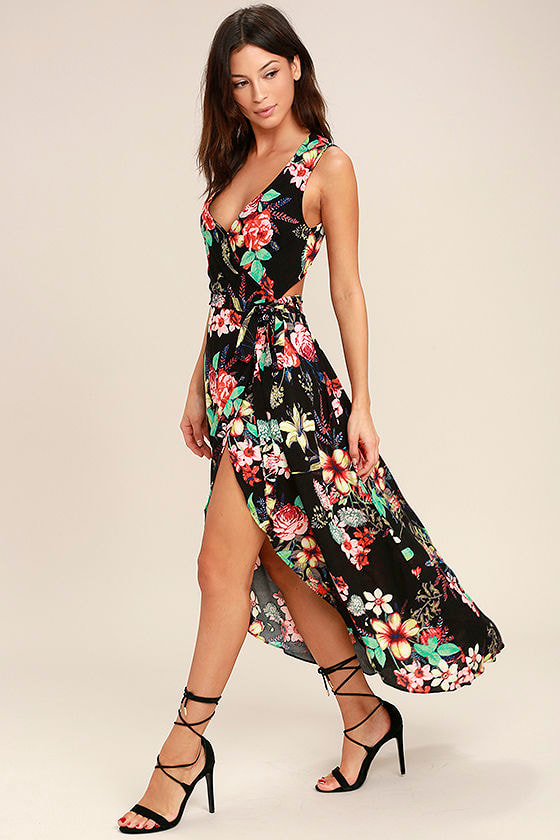 Lovely Black Floral Print Dress - Wrap Dress - High-Low Dress - $65.00 ...