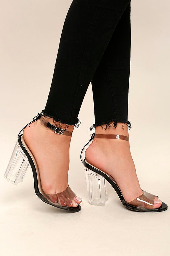 clear heels with black ankle strap