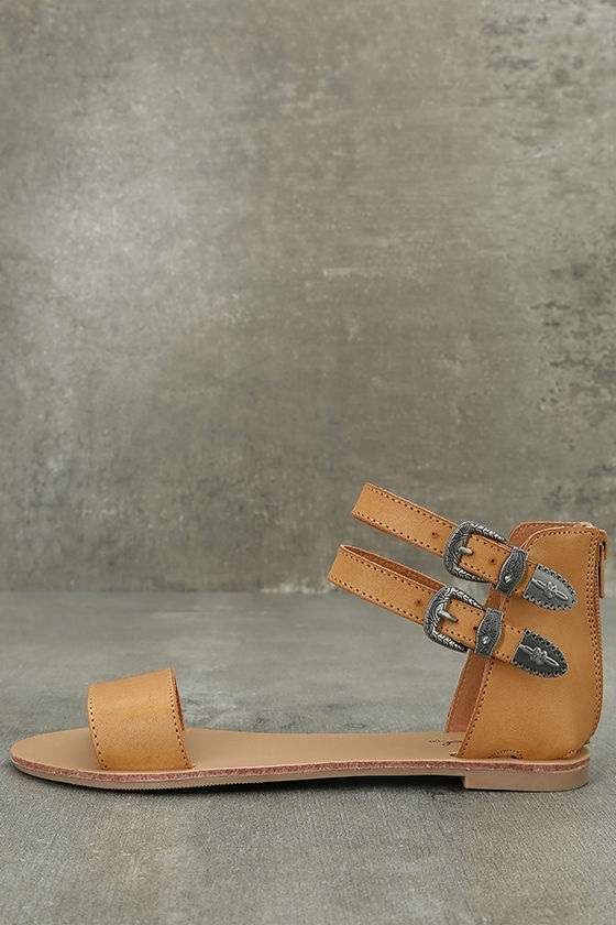 Dorinda Camel Burnished Ankle Strap Flat Sandals 1